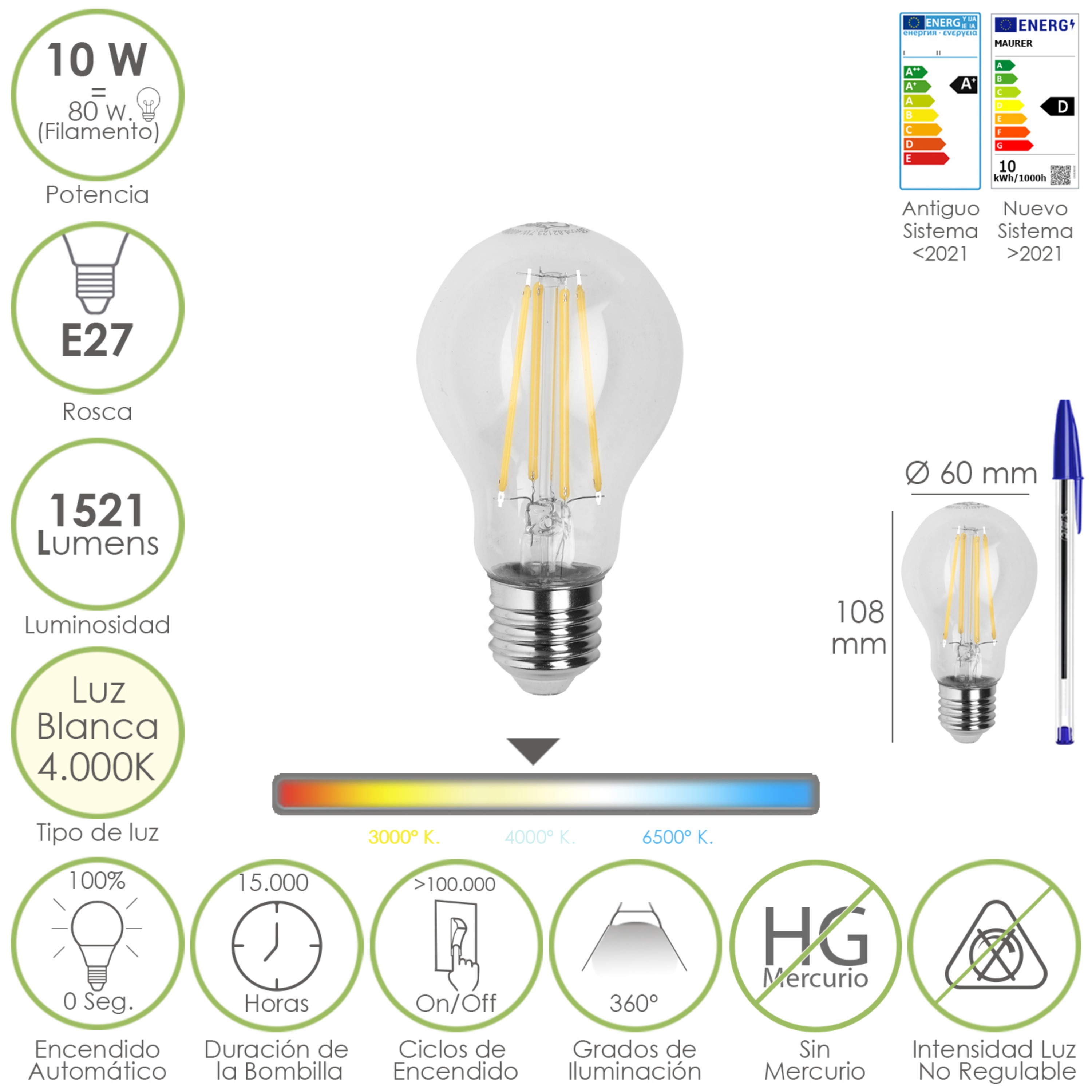 Imagen de Bombilla Led Filamento Standar Rosca E27. 10 Watt. Equivale A 80 Watt. 1521 Lumenes. Luz Neutra 4000º K.