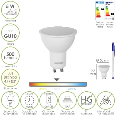 Imagen de Bombilla Led Dicroica Rosca GU10. 5 Watt. Equivale A 35 Watt. 500 Lumenes. Luz Neutra 4000º K