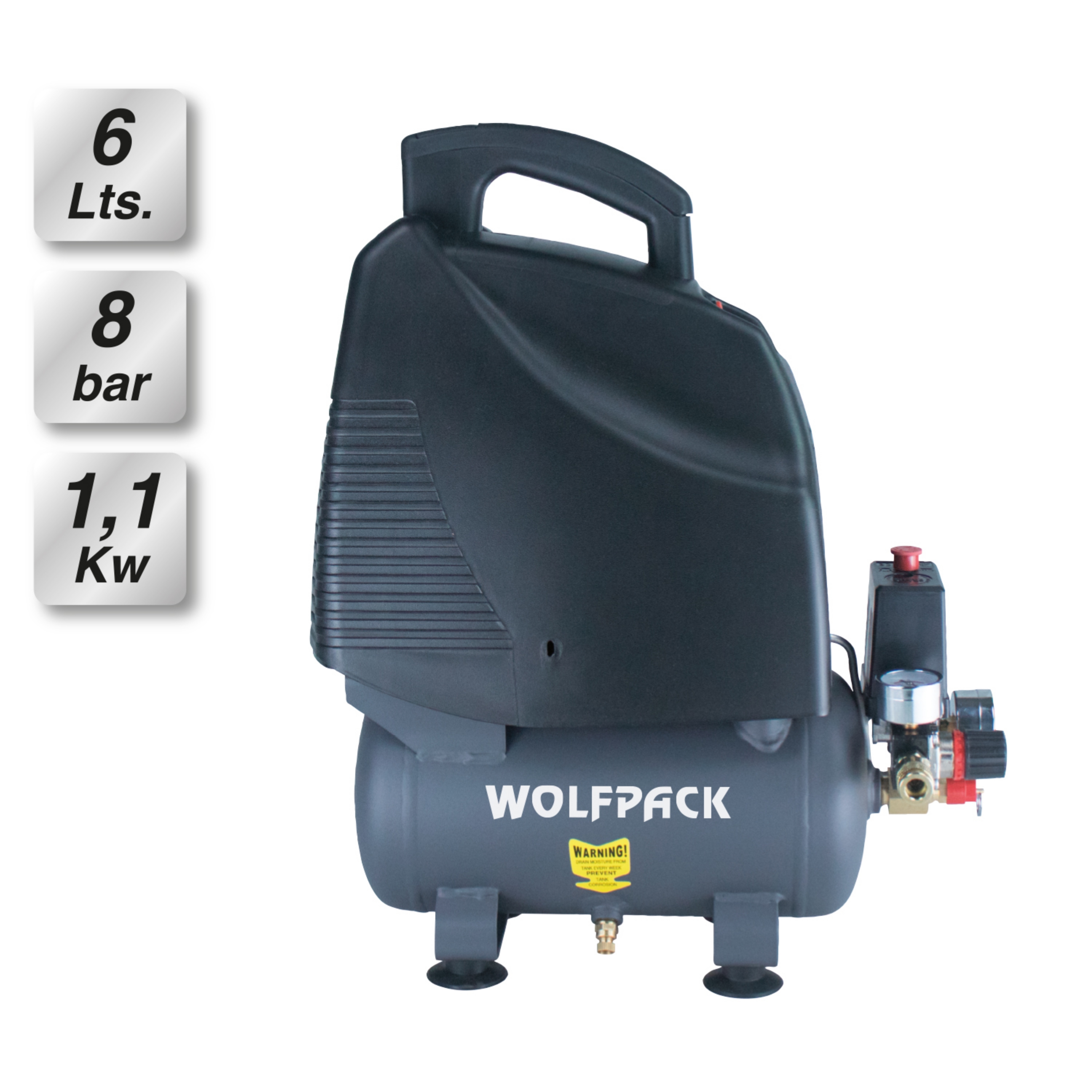 Imagen de Compresor Aire Wolfpack 6 Litros / 8 Bares / 1,1 Kw - 1,5 HP  Sin Aceite