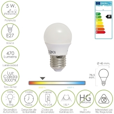 Imagen de Bombilla Led Esferica E27 5 W. - 40 W. 470 lúmenes. Luz cálida (3.000 °K).