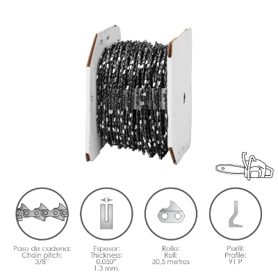 Imagen de Cadena Motosierra 3/8" / 0.050" 1,3 mm. / 91 P / Rollo 30,5 metros.