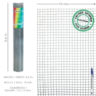 Imagen de Malla Electrosoldada Ligera Galvanizada 13x13 Alto 60 cm. Rollo 10 Metros Uso Domestico