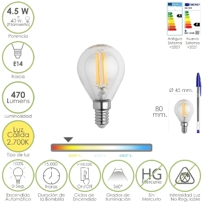 Imagen de Bombilla Led Filamento Esfera Rosca E14. 4,5 Watt. Equivale A 40 Watt. 470 Lumenes. Luz Cálida (2700º K.)