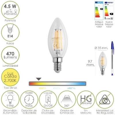 Imagen de Bombilla Led Filamento Vela Rosca E14. 4,5 Watt. Equivale A 40 Watt. 470 Lumenes. Luz Cálida (2700º K.)