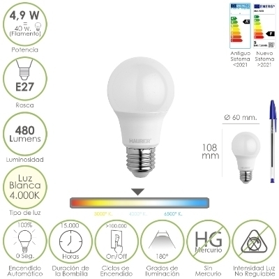 Imagen de Bombilla Led Estandar Rosca E27. 4.9 Watt. Equivale A 40 Watt. 480 Lumenes. Luz Blanca (4000º K.)