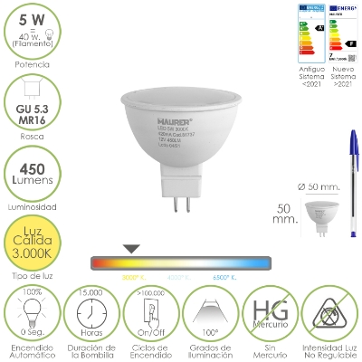 Imagen de Bombilla Led Dicroica Rosca GU 5.3 / MR16. 5 Watt. Equivale A 40 Watt. 405 Lumenes. Luz Cálida (3000º K.)