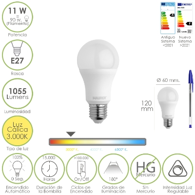 Imagen de Bombilla Led Estandar Rosca E27. 11 Watt. Equivale A 90 Watt. 1055 Lumenes. Luz Calida (3000º K.) Dimerable