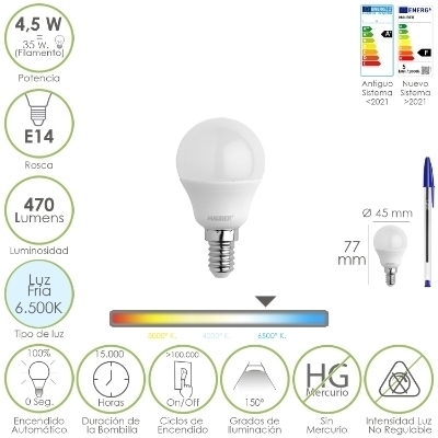 Imagen de Bombilla Led Esferica Rosca E14 4.5 Watt. Equivale A 35 Watt. 470 Lumenes. Luz Fria (6500º K)