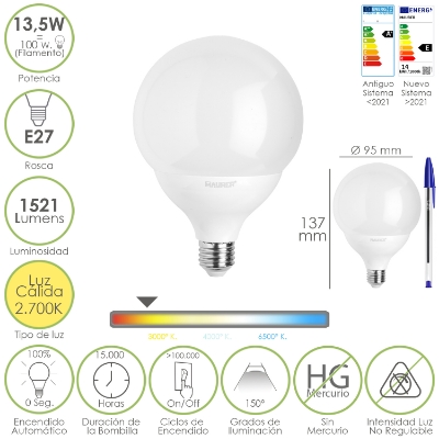 Imagen de Bombilla Led Esfera Globo E27. 13,5 Watt. Equivale A 100 Watt. 1521 Lumenes. Luz Calida 3000º K.