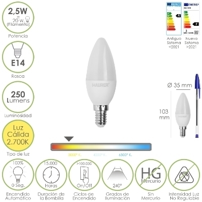 Imagen de Bombilla Led Vela E14. 2,5 Watt. Equivale A 20 Watt. 250 Lumenes. Luz Calida 2700º K.