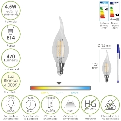 Imagen de Bombilla Led Filamento Vela Llama E14. 4,5 Watt. Equivale A 35 Watt. 470 Lumenes. Luz Neutra 4000º K.