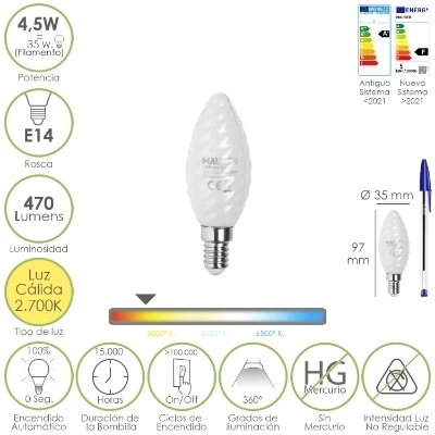 Imagen de Bombilla Led Filamento Vela Esmerilada E14. 4,5 Watt. Equivale A 35 Watt. 470 Lumenes. Luz Calida 2700º K.