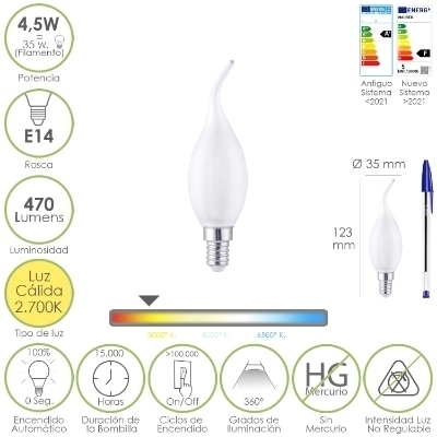 Imagen de Bombilla Led Filamento Vela Llama Esmerilada E14. 4,5 Watt. Equivale A 35 Watt. 470 Lumenes. Luz Calida 2700º K.