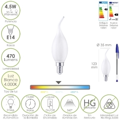 Imagen de Bombilla Led Filamento Vela Llama Esmerilada E14. 4,5 Watt. Equivale A 35 Watt. 470 Lumenes. Luz Neutra 4000º K.