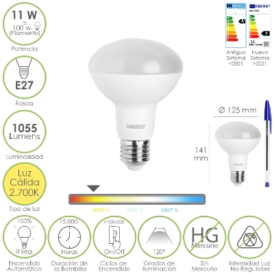 Imagen de Bombilla Led Reflectante E27. 11 Watt. Equivale A 100 Watt. 1055 Lumenes. Luz Calida 2700º K.