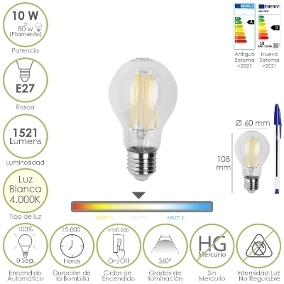 Imagen de Bombilla Led Filamento Standar Rosca E27. 10 Watt. Equivale A 80 Watt. 1521 Lumenes. Luz Neutra 4000º K.