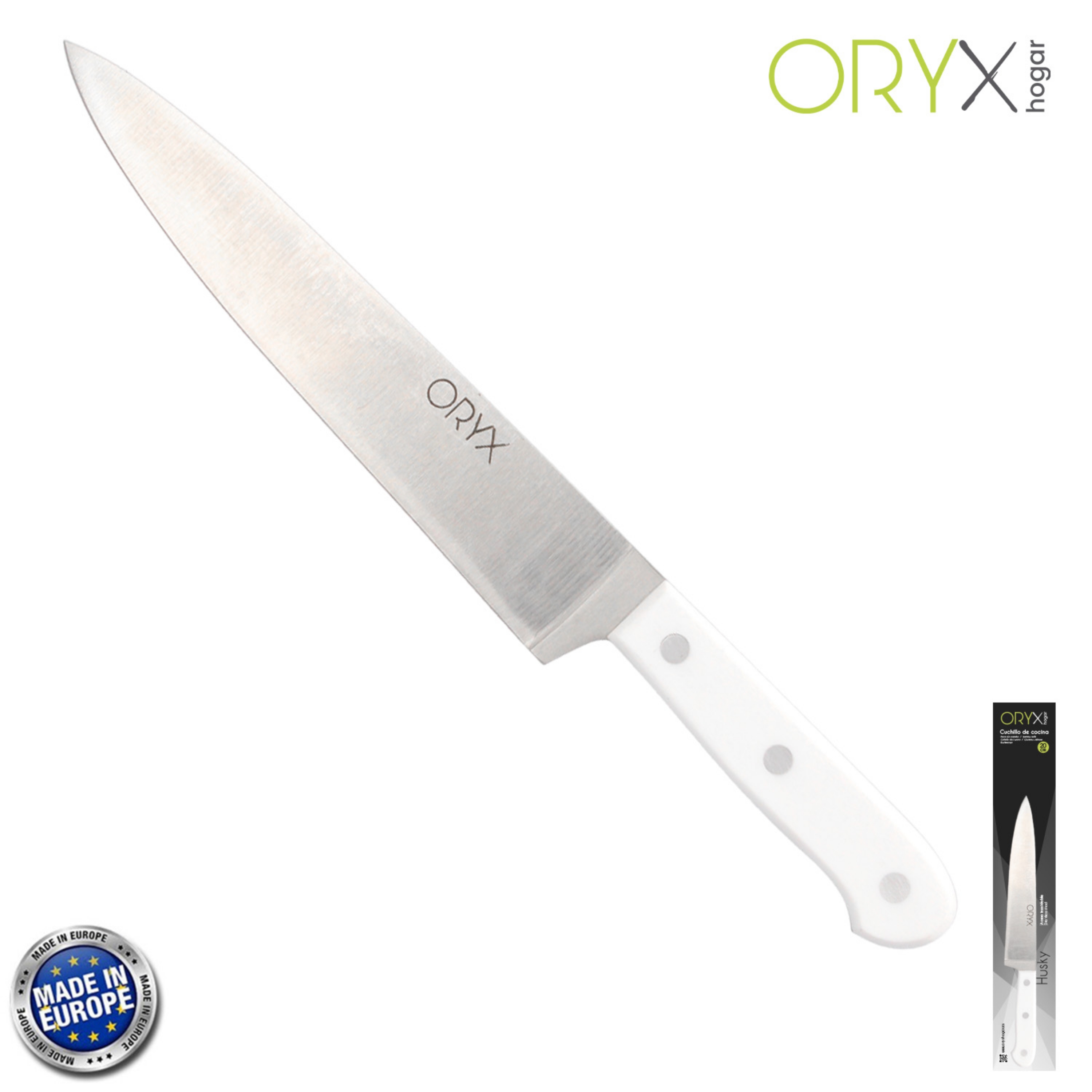 Imagen de Cuchillo Husky Cocina 20 cm. Hoja Acero Inoxidable, Cuchillo Carne, Cuchillo Pescado, Cuchillo Chef, Mango Ergonomico Blanco