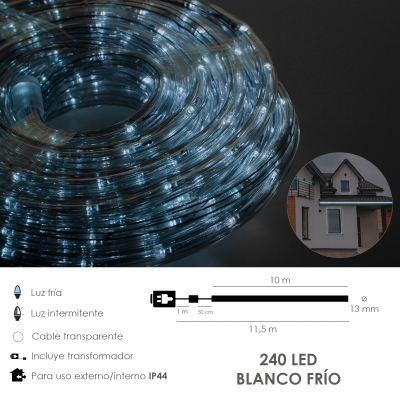 Imagen de Luces Navidad Tubo Luz Blanca Fria 240 LEDs Uso Exteriores / Interiores Protección IP44 Rollo 10 Metros