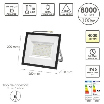 Imagen de Foco Led Plano Potencia 100 Watt. 8000 Lumenes. Luz blanca 4000ºK Protección IP65. Cuerpo Aluminio. Foco Exteriores / Interiores