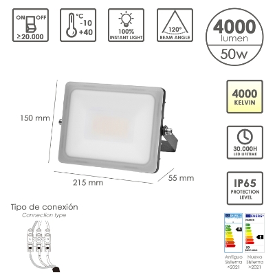 Imagen de Foco Led Plano Potencia 50 Watt. 4000 Lumenes. Luz blanca 4000ºK Protección IP65. Cuerpo Aluminio. Foco Exteriores / Interiores.