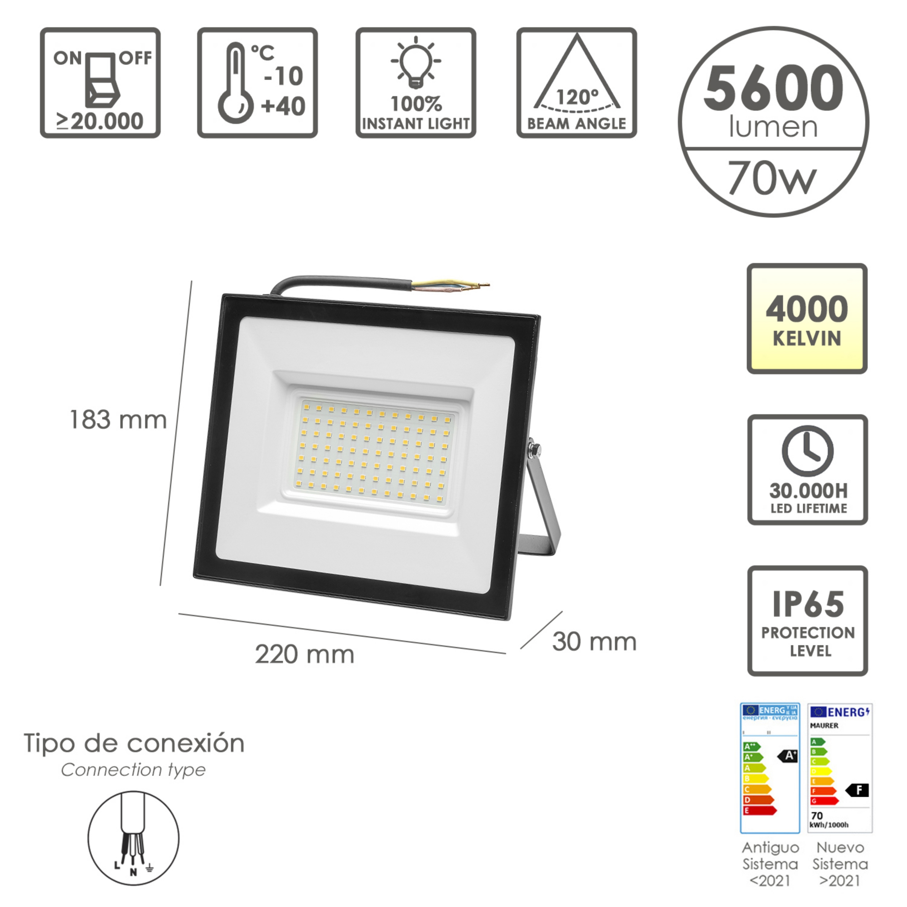 Imagen de Foco Led Plano Potencia 70 Watt. 5600 Lumenes. Luz blanca 4000ºK Protección IP65. Cuerpo Aluminio. Foco Exteriores / Interiores.