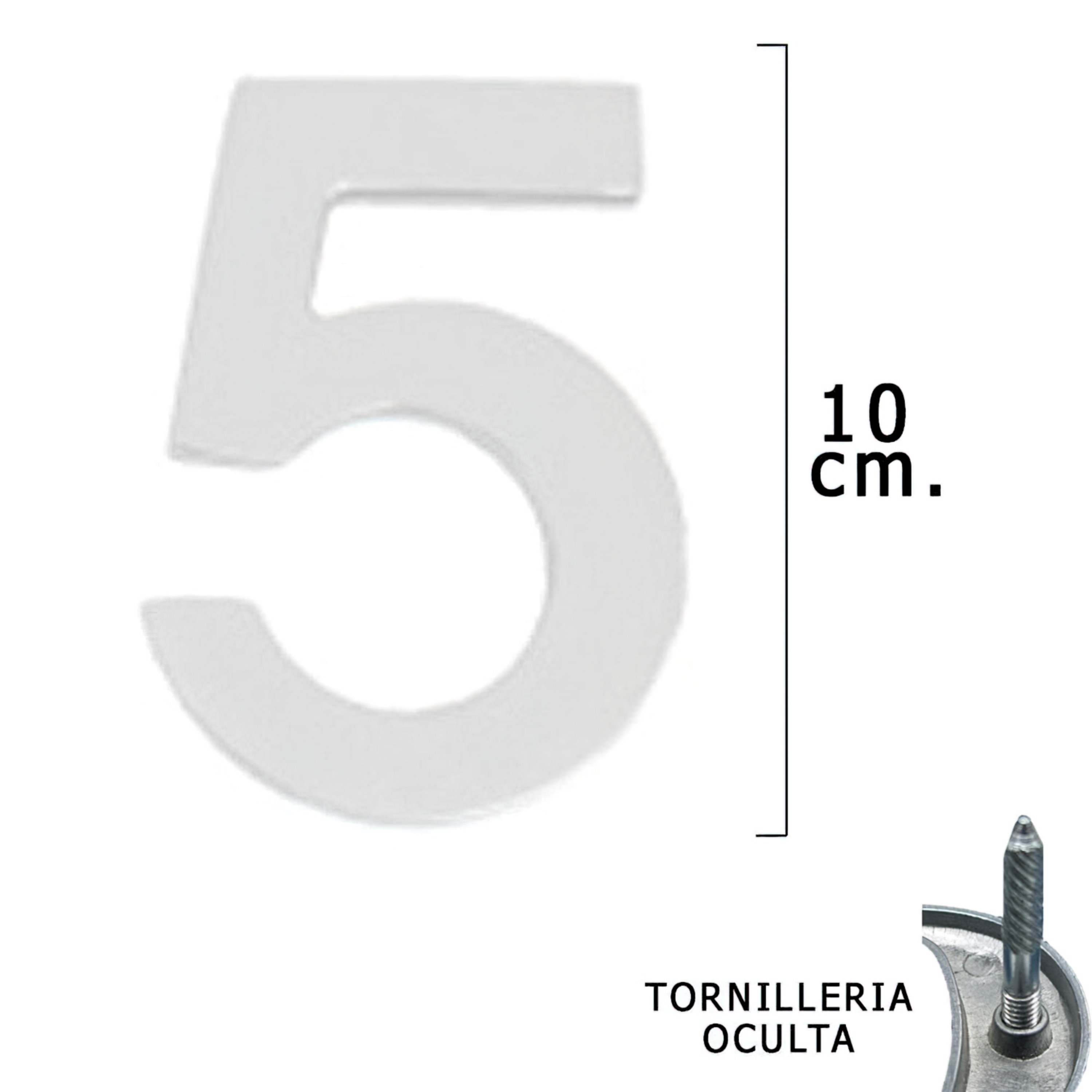 Imagen de Numero Metal "5" Plateado Mate 10 cm. con Tornilleria Oculta (Blister 1 Pieza)