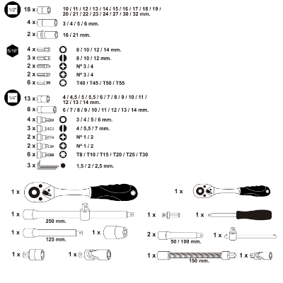 Imagen de Juego Completo Llaves Vaso, kit 94 Piezas, 1/4"-1/2", Acero Vanadio, Con Maletin