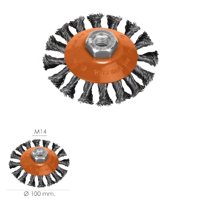 Imagen de Cepillo Oblicuo Con Alambre De Acero Trenazdo Rosca M14, Ø 100 mm. Alambre de Ø 0,30 mm.