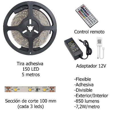 Imagen de Tira Led Multicolor Rgb Con Mando Adhesiva Con 150 Leds 36 W 12 V. 850 Lumenes Luz Multicolor IP 20 5 Metros