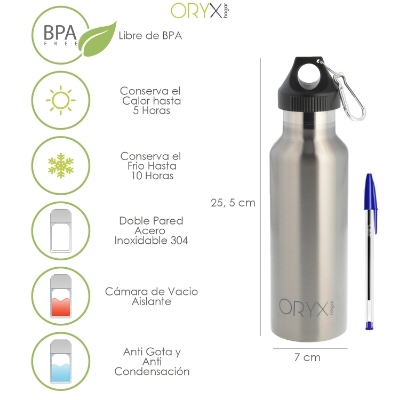 Imagen de Botella Termica / Termo Acero Inoxidable Antigotas 500 ml. Cierre 100% Hermetico, Con mosqueton.