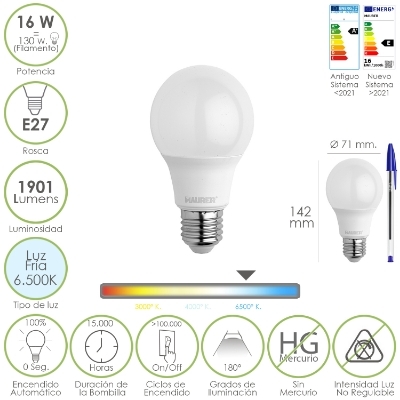 Imagen de Bombilla Led Estandar Rosca E27. 16 Watt. Equivale A 130 Watt. 1901 Lumenes. Luz Fría 6500º K.)