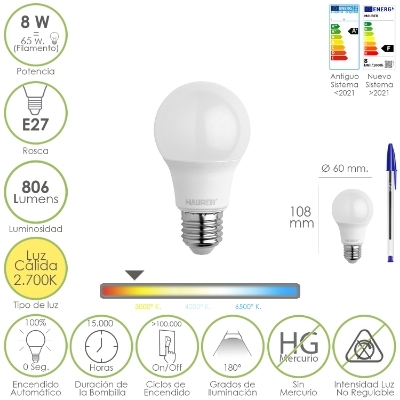 Imagen de Bombilla Led Estandar Rosca E27. 8 Watt. Equivale A 65 Watt. 806 Lumenes. Luz Calida (2700º K.)