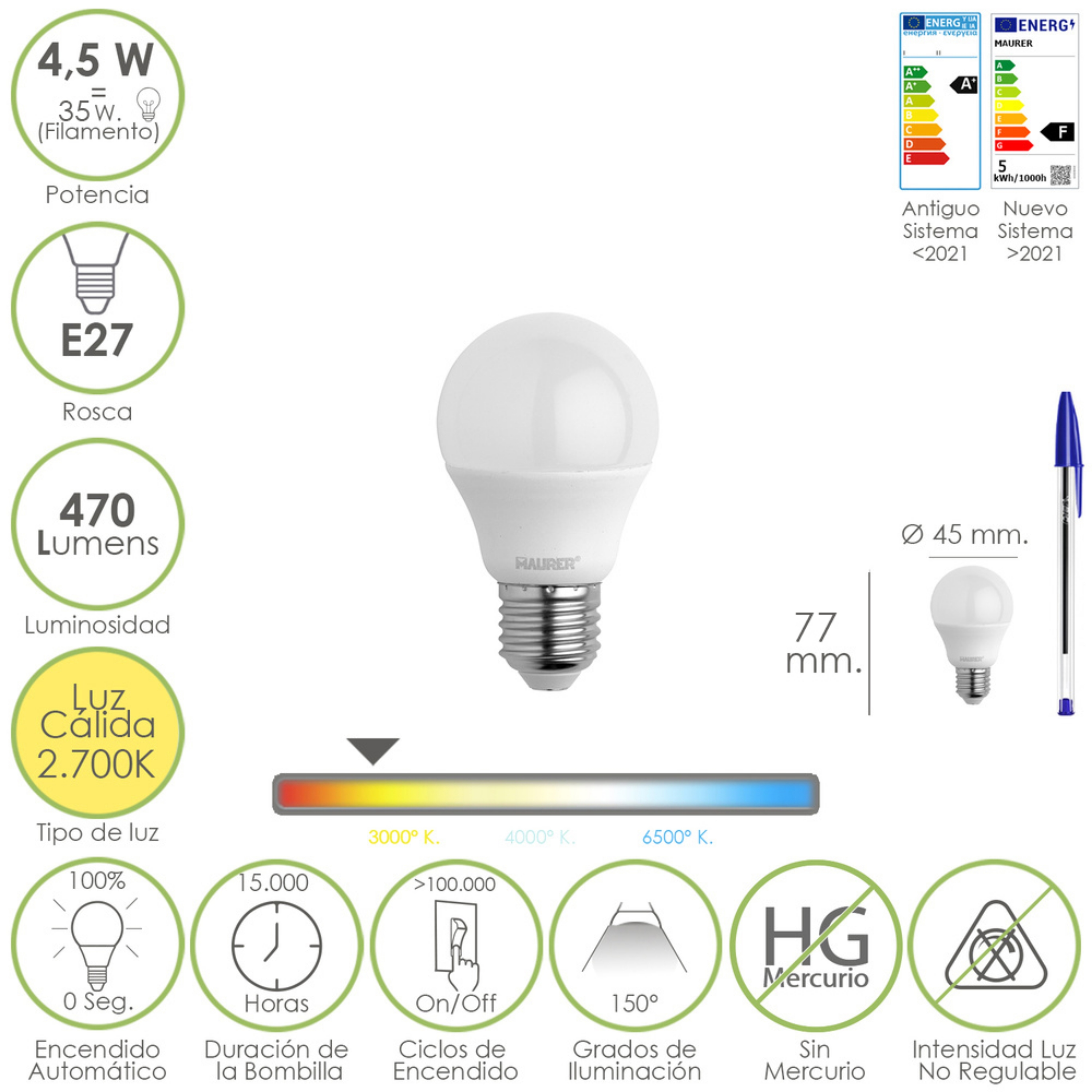 Imagen de Bombilla Led Esferica Rosca E27 4.5 Watt. Equivale A 55 Watt. 470 Lumenes. Luz Cálida (2700º K.)