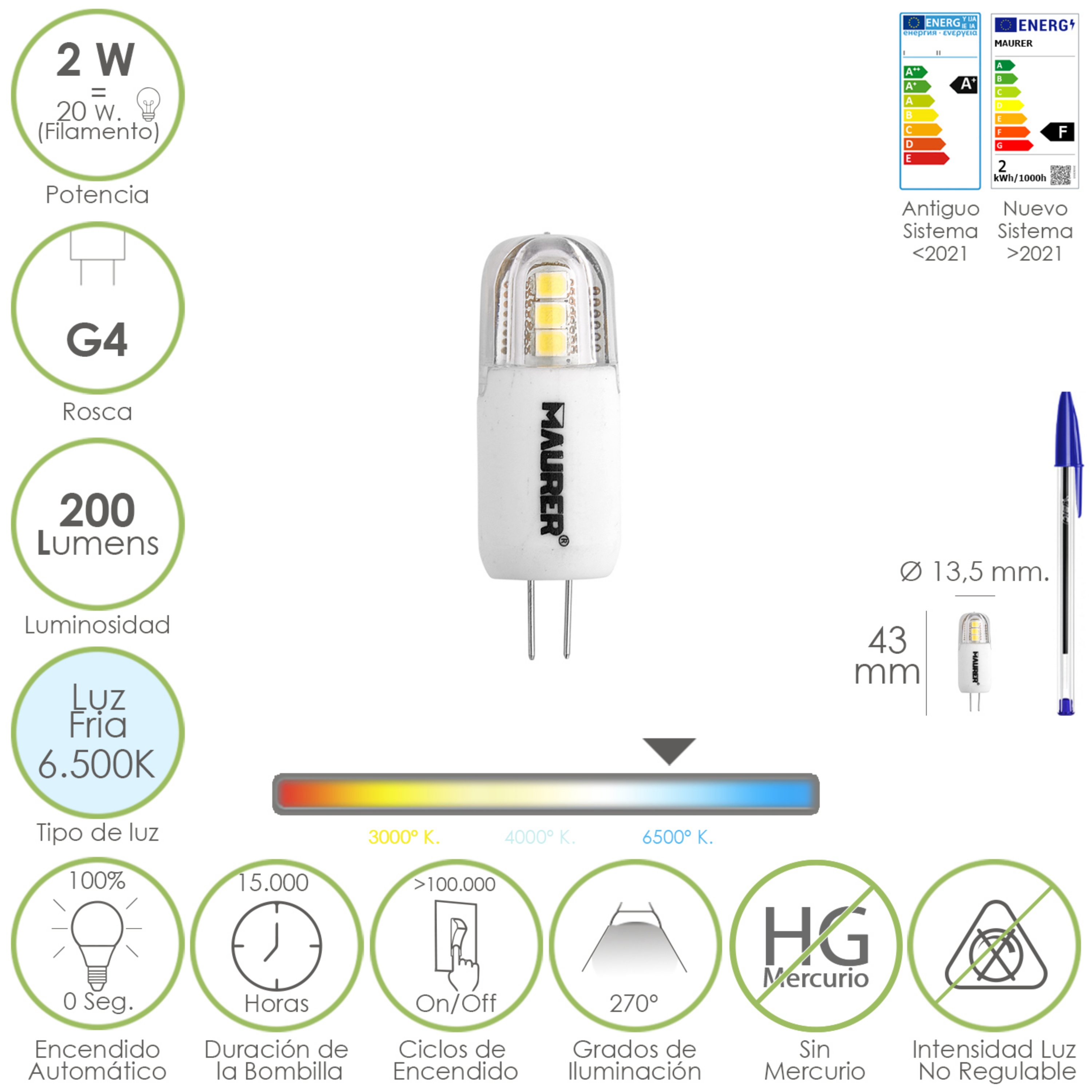 Imagen de Bombilla Led Dicroica Rosca G4. 2 Watt. Equivale A 20 Watt. 200 Lumenes. Luz Fria (6500º K)