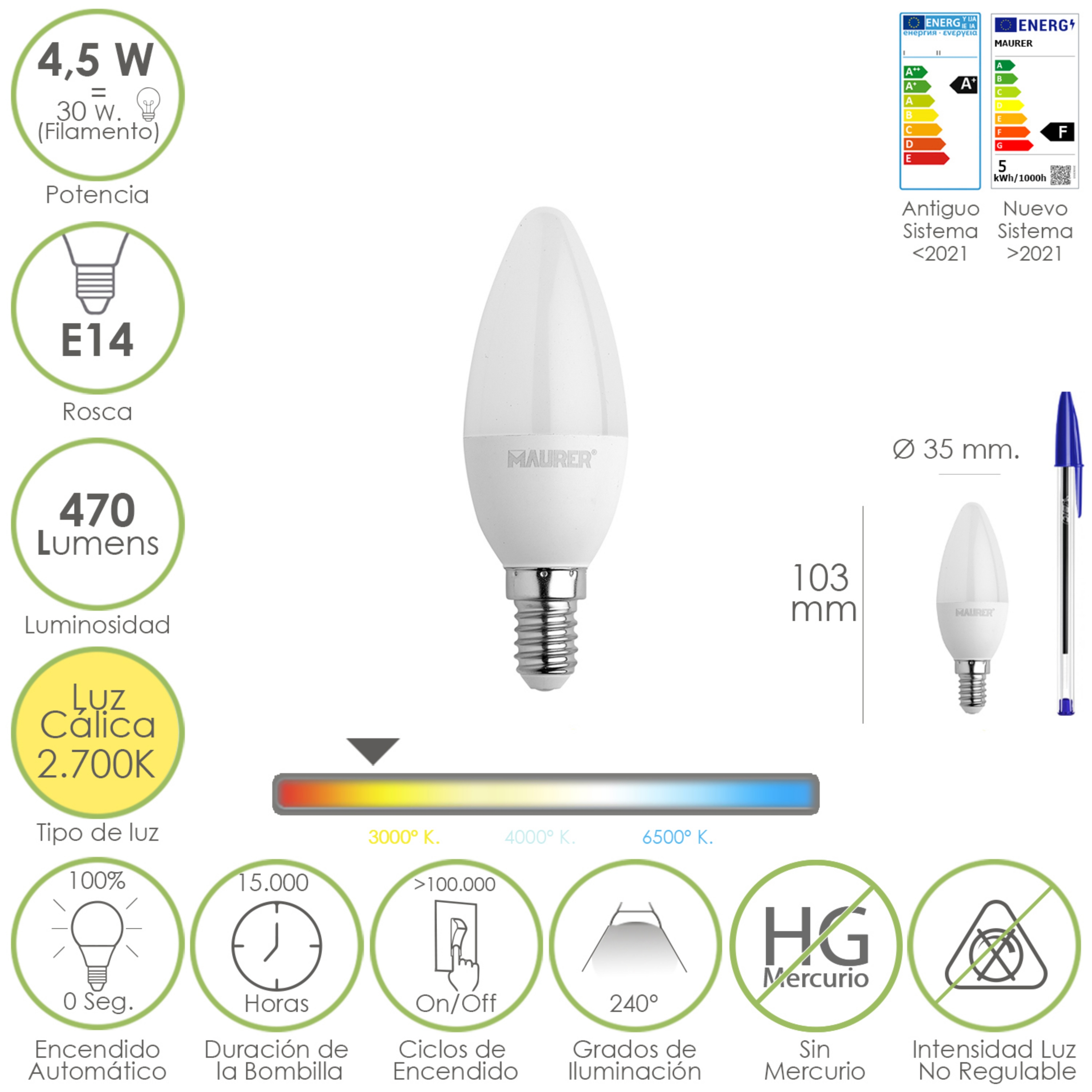 Imagen de Bombilla Led Vela Rosca E14. 4,5 Watt. Equivale A 35 Watt. 470 Lumenes. Luz Cálida (2700º K)