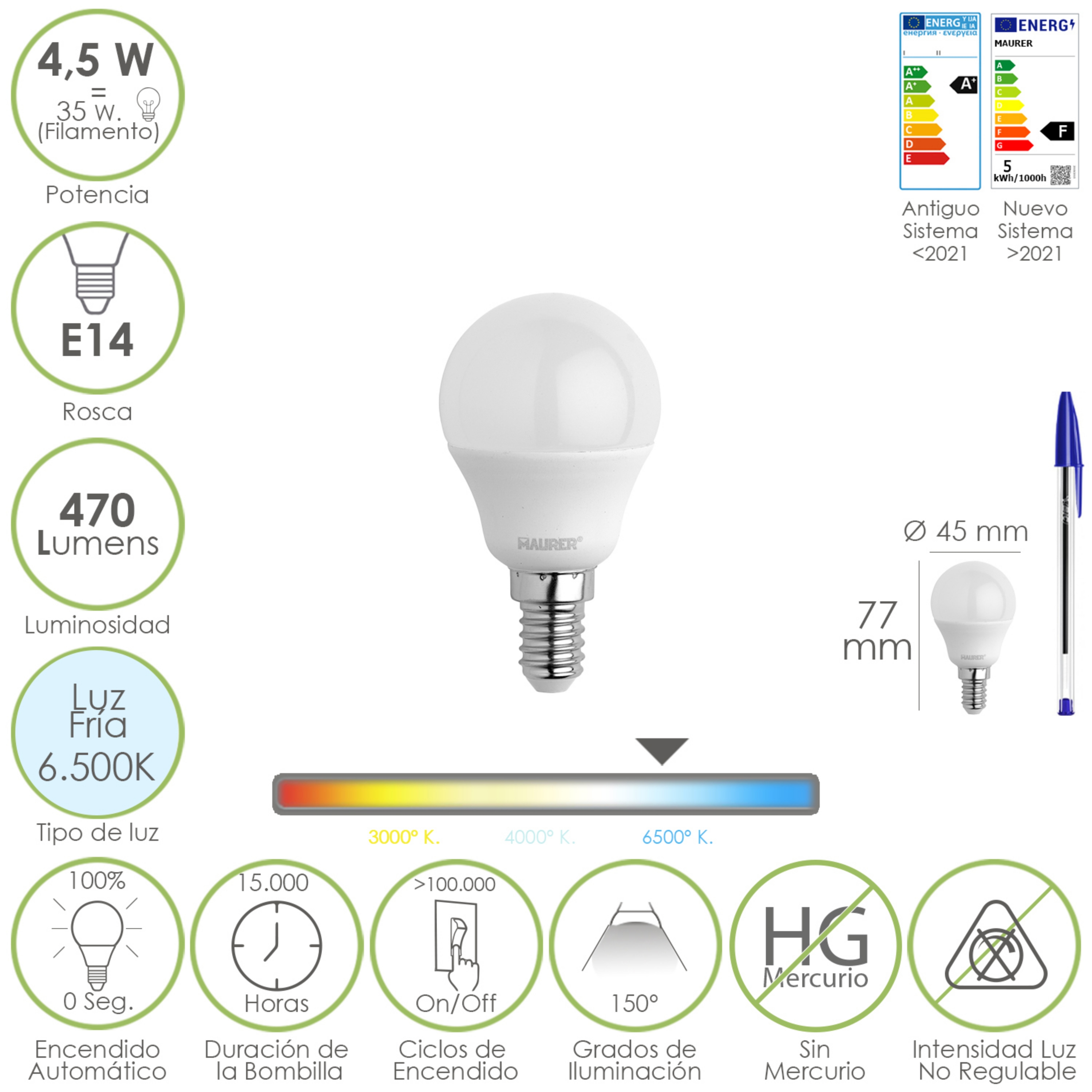 Imagen de Bombilla Led Esferica Rosca E14 4.5 Watt. Equivale A 35 Watt. 470 Lumenes. Luz Fria (6500º K)