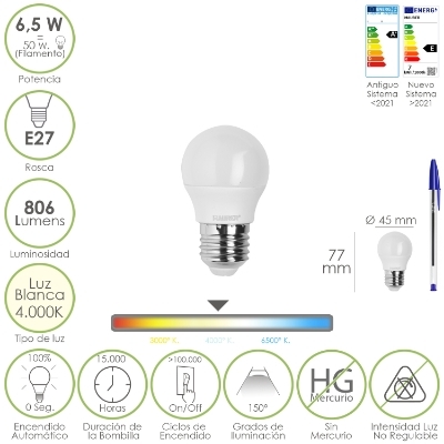 Imagen de Bombilla Led Esfera Rosca E27. 6.5 Watt. Equivale A 50 Watt. 806 Lumenes. Luz Neutra 4000º K.