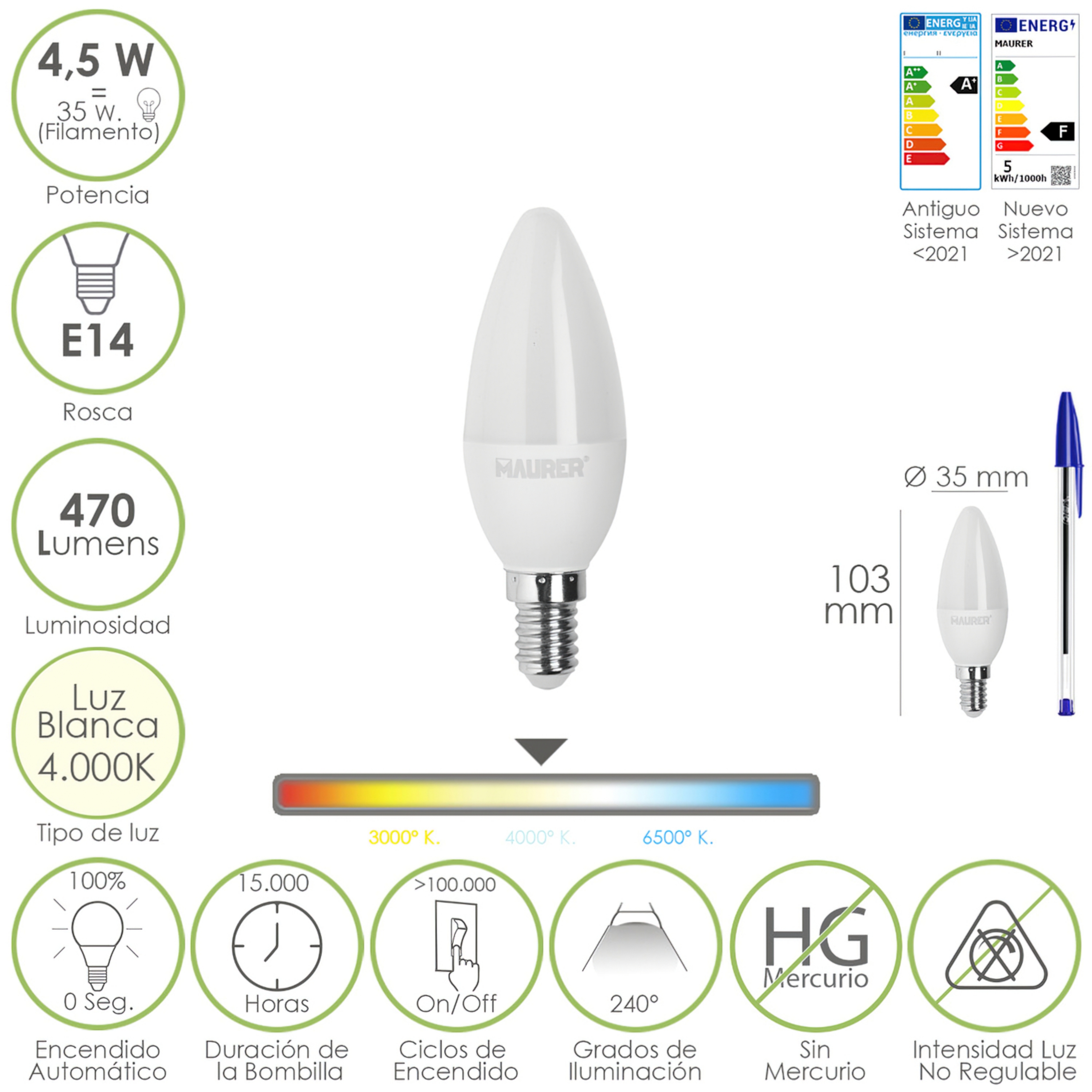 Imagen de Bombilla Led Vela Rosca E14. 4,5 Watt. Equivale A 35 Watt. 470 Lumenes. Luz Neutra (4000º K.)