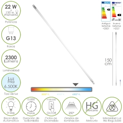 Imagen de Tubo Led T8 150 cm. 22 Watt. Equivale A 150 Watt. 2300 Lumenes. Luz Fria 6500º K.