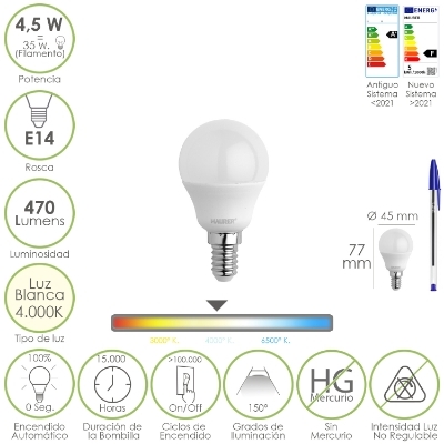 Imagen de Bombilla Led Esferica Rosca E14 4.5 Watt. Equivale A 35 Watt. 470 Lumenes. Luz Neutra (4000º K)