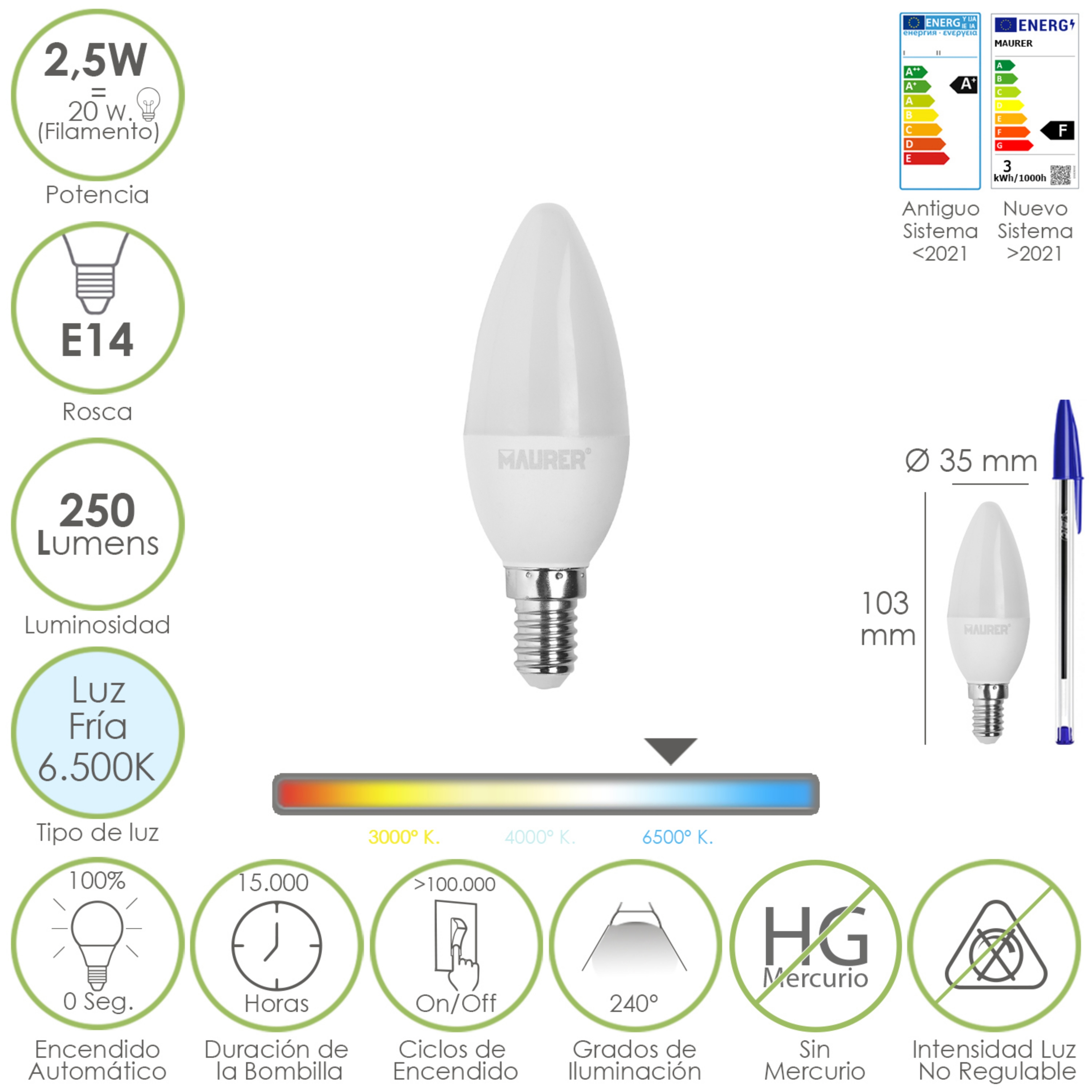 Imagen de Bombilla Led Vela E14. 2,5 Watt. Equivale A 20 Watt. 250 Lumenes. Luz Fria 6500º K.