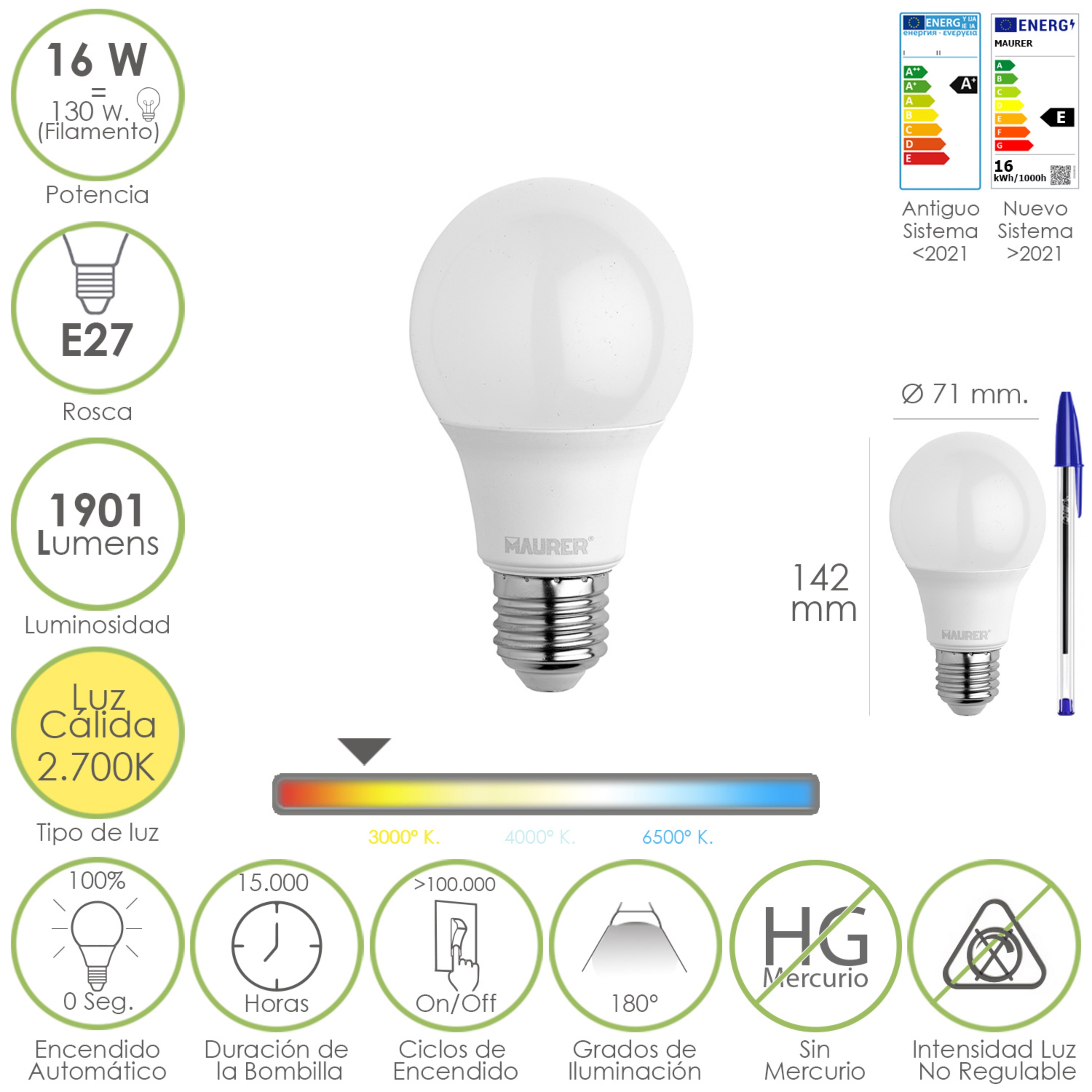 Imagen de Bombilla Led Estandar Rosca E27. 16 Watt. Equivale A 130 Watt. 1901 Lumenes. Luz Calida 2.700º K.