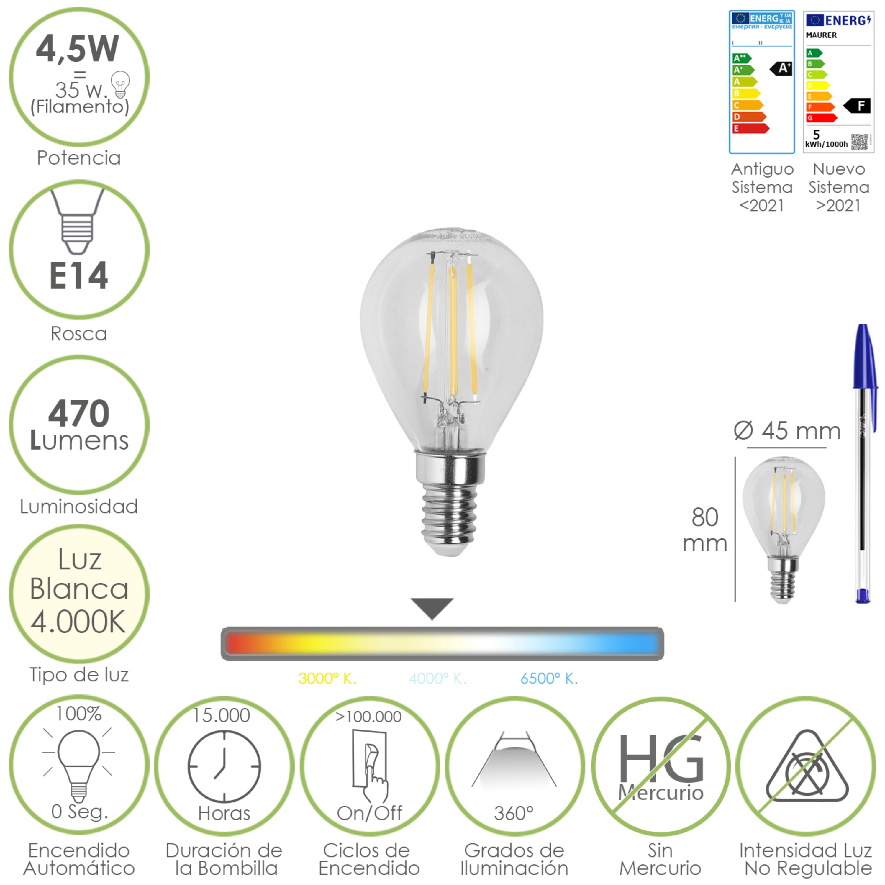 Imagen de Bombilla Led Filamento Esfera Rosca E14. 4,5 Watt. Equivale A 35 Watt. 470 Lumenes. Luz Neutra 4000º K.