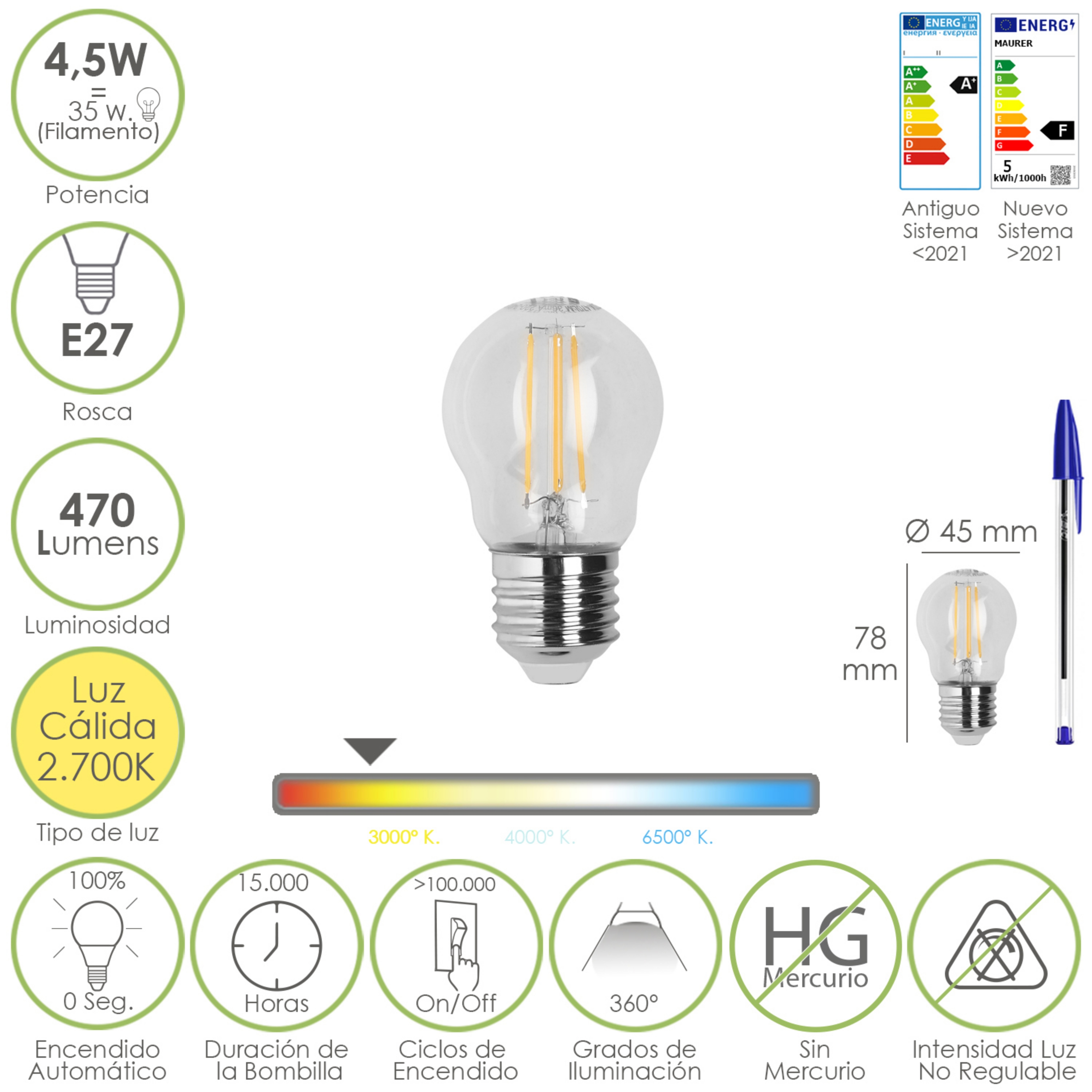 Imagen de Bombilla Led Filamento Esfera Rosca E27. 4,5 Watt. Equivale A 35 Watt. 470 Lumenes. Luz Calida 2700º K.