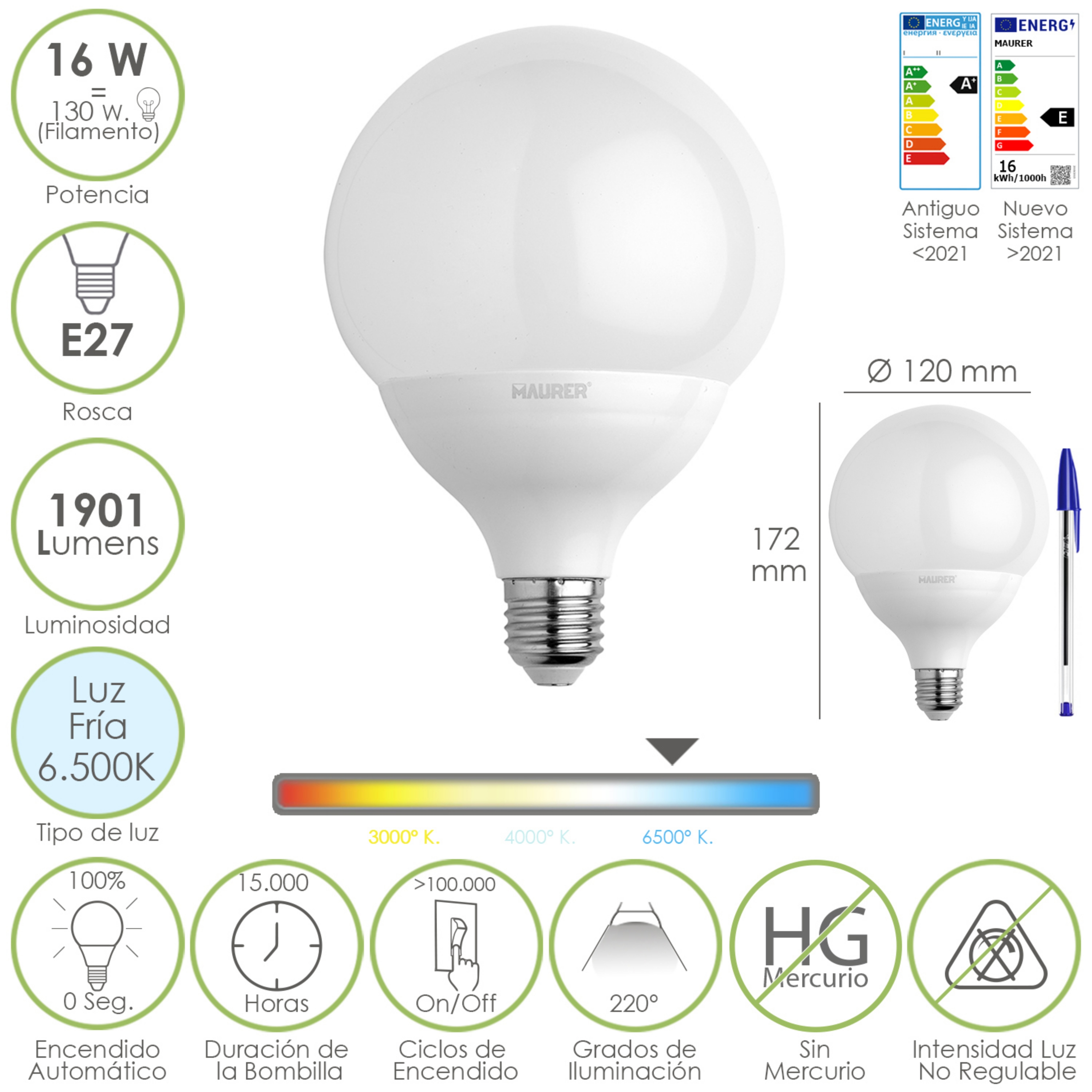 Imagen de Bombilla Led Globo Rosca E27. 16 Watt. Equivale A 130 Watt. 1901 Lumenes. Luz Fria 6500º K.