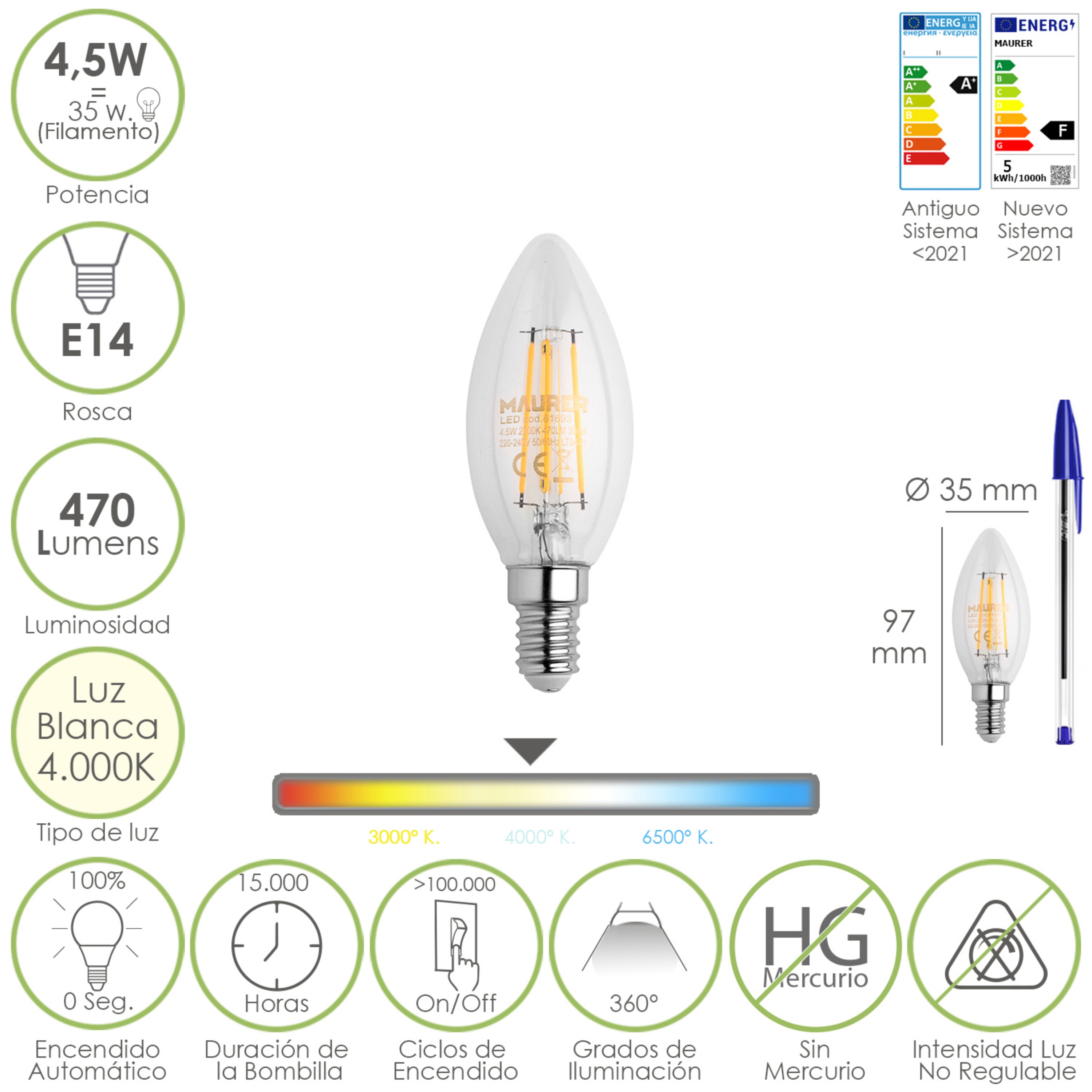 Imagen de Bombilla Led Filamento Vela Rosca E14. 4,5 Watt. Equivale A 35 Watt. 470 Lumenes. Luz Neutra 4000º K.