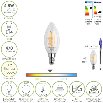 Imagen de Bombilla Led Filamento Vela Rosca E14. 4,5 Watt. Equivale A 35 Watt. 470 Lumenes. Luz Neutra 4000º K.