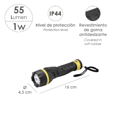 Imagen de Linterna LED De Mano Goma Antideslizante A Pilas (2 AA) 55 Lumenes 1 Watt. Protección Ip44