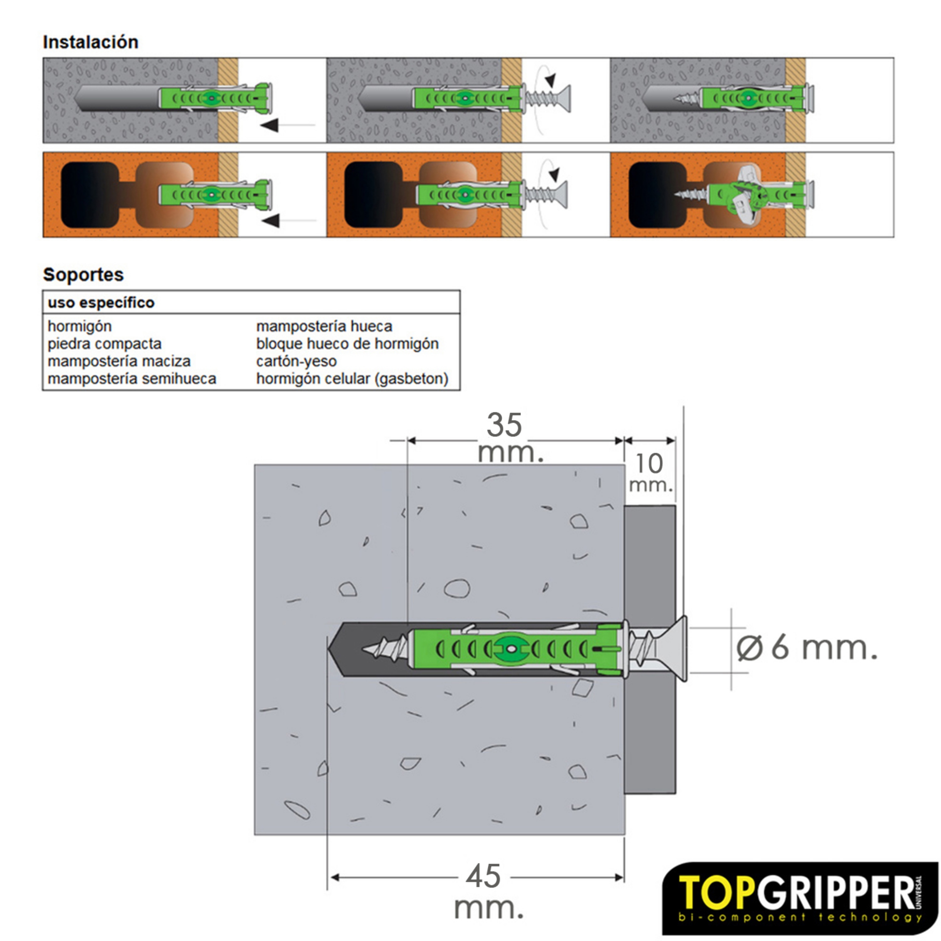 Imagen de Cubo Tacos Topgripper Bimaterial Con Tornillos Ø 6 mm. 250 Piezas Taco Anclaje Universal, Taco Hormigon, Taco Pladur