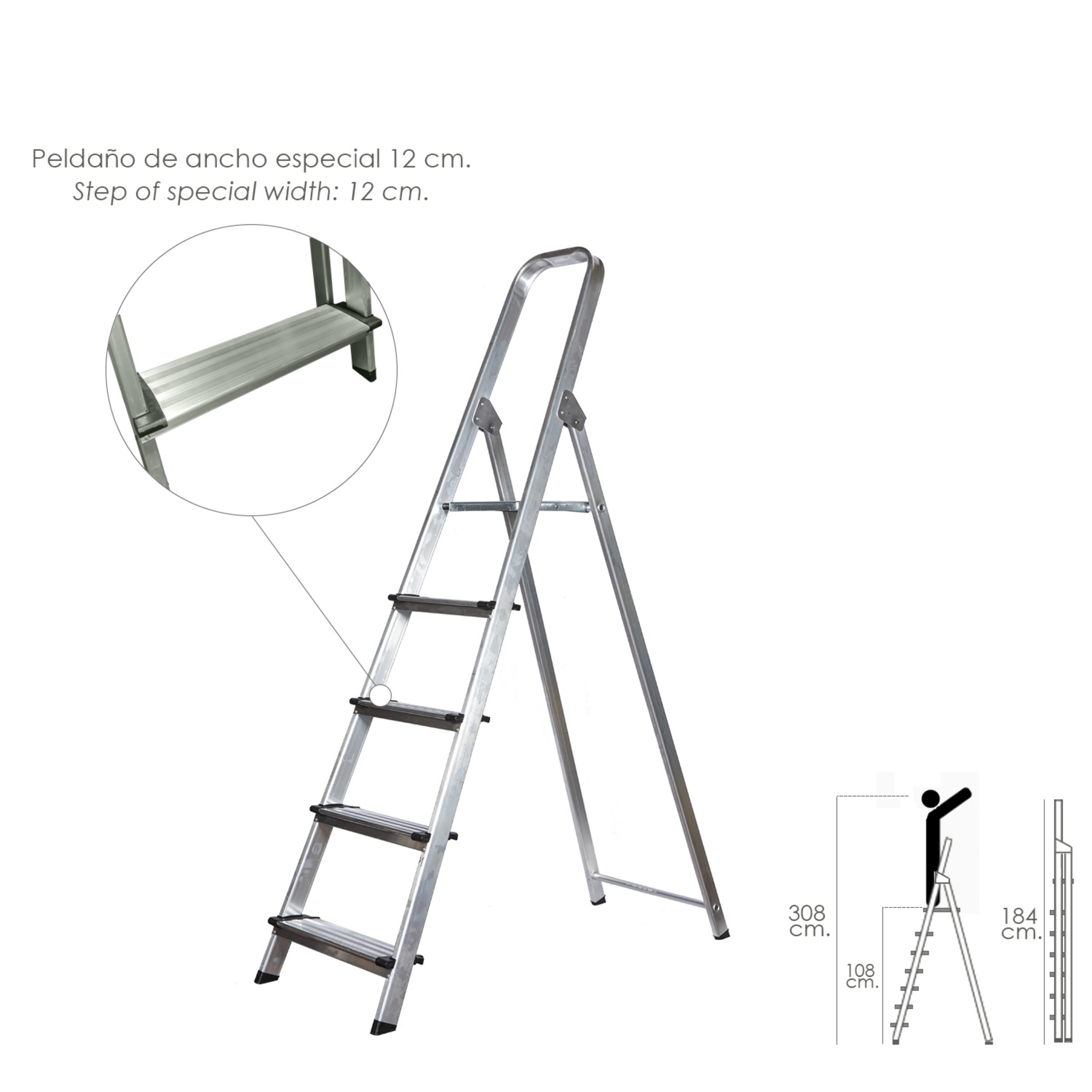 Imagen de Escalera Doméstica Aluminio Profesional 5 Peldaños 12 cm Grosor.